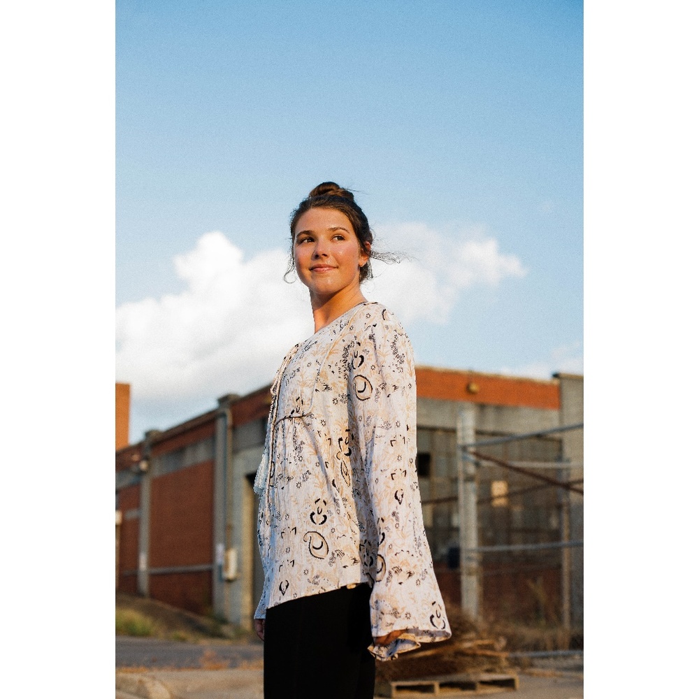 elan natural and black bell sleeve blouse